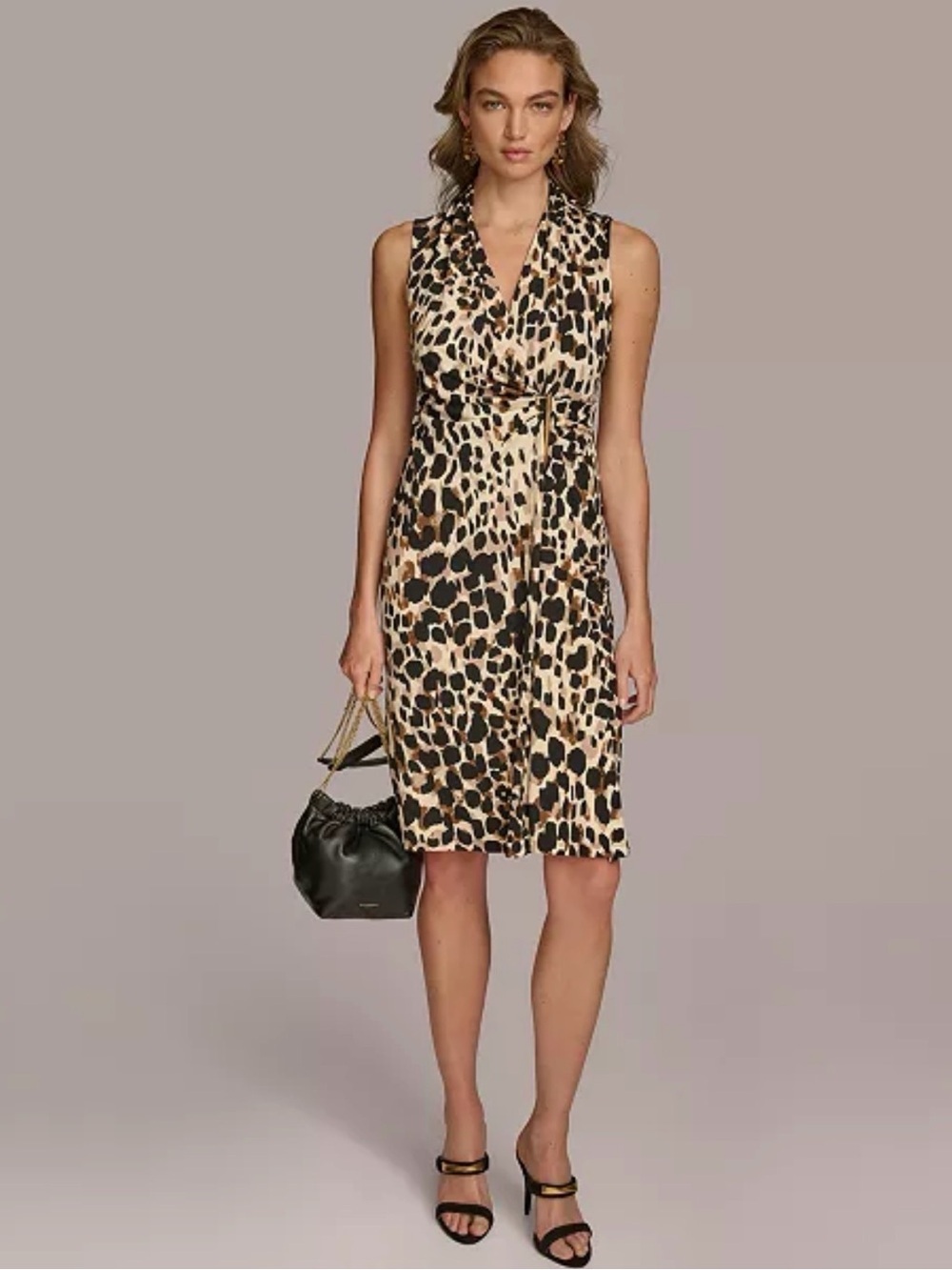 Donna Karan Women's 16W Animal-Print Side-Ruched Dress Black Cream Midi NWT